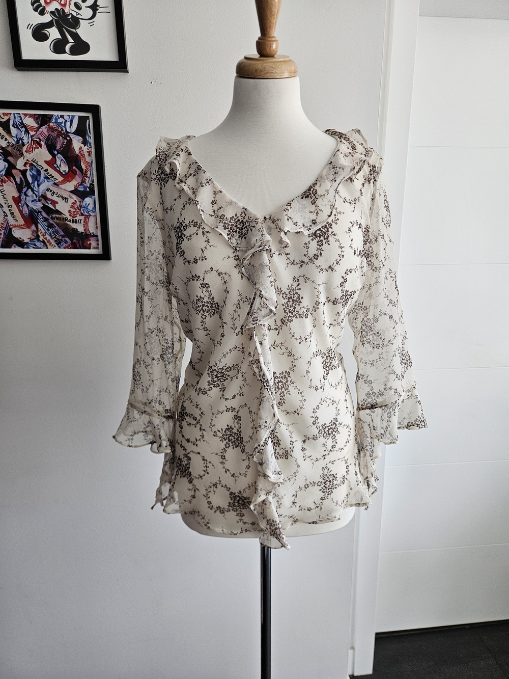 Vintage Womens Ruffle V-Neck Blouse - Cream with Brown Floral